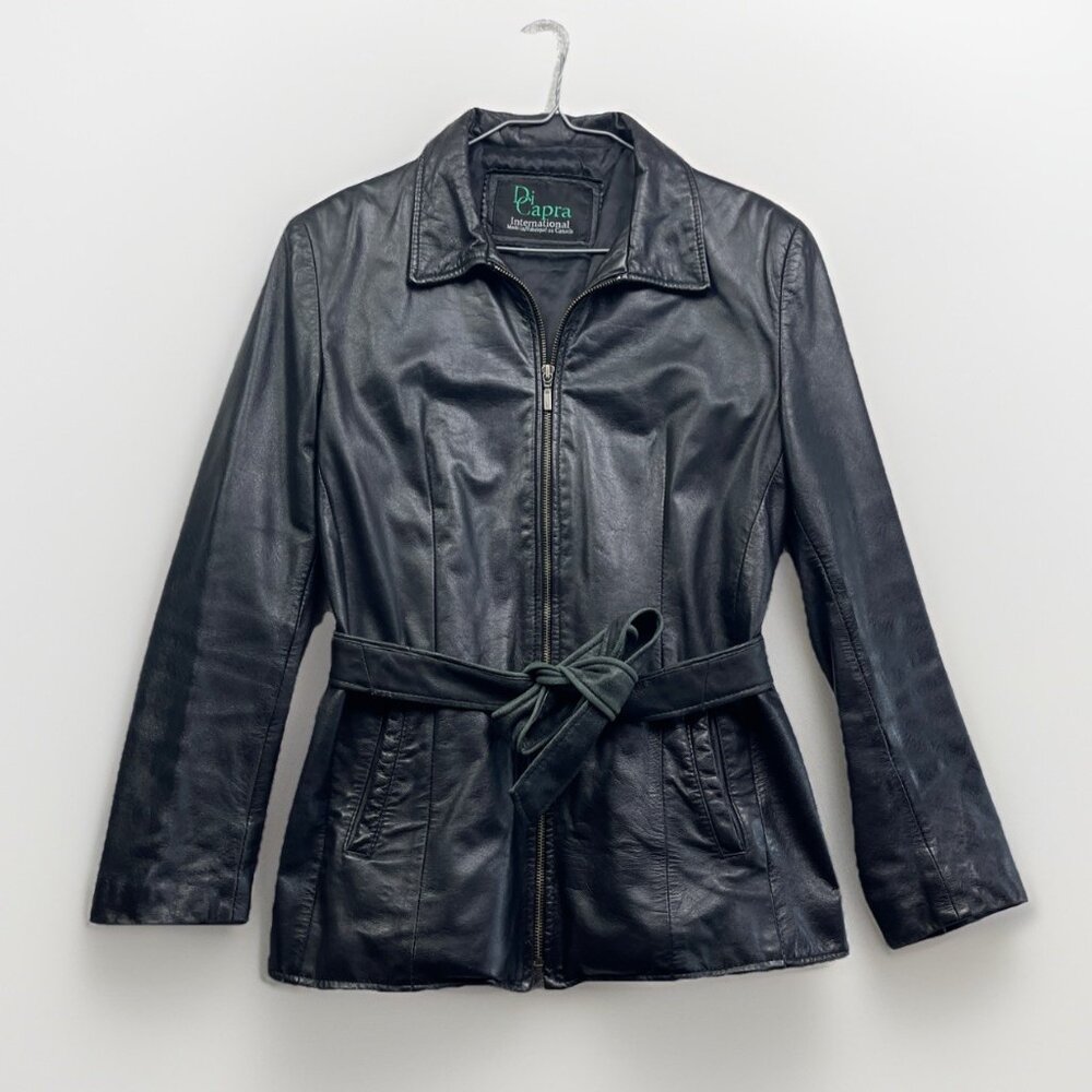 Vintage Di Capra Black Leather Motorcycle Jacket Biker Style Belt Zip Read*